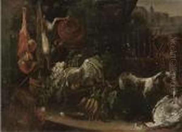 Vegetables, Dead Game And Pots With A Dog Outside A Building Oil Painting by Adriaen de Gryef