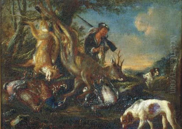 A Hunter With Game And Dogs In A Landscape Oil Painting by Adriaen de Gryef