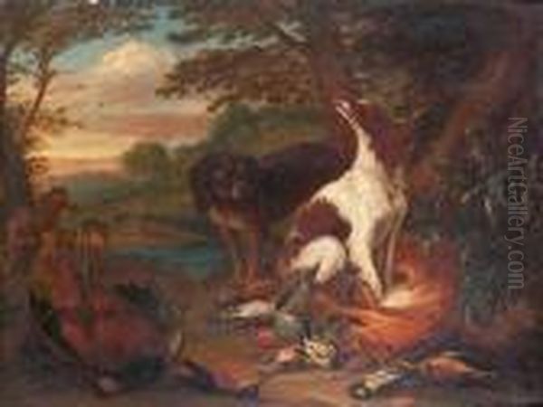 A Hunting Still Life With A 
Spaniel Guarding A Swan, Mallard And Songbirds In A Landscape With A 
Sportsman Beyond; And A Hunting Still Life With Spaniels Guarding A 
Hare, Pheasant, Finches And Songbirds, A Landscape With Huntsmen And 
Hounds Beyond Oil Painting by Adriaen de Gryef