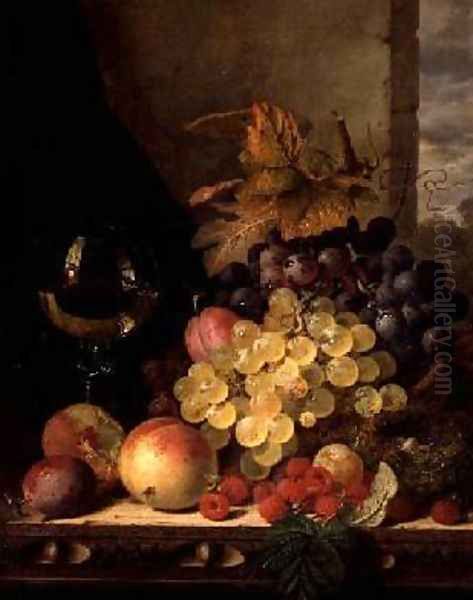 A Still Life with Grapes Raspberries and a Glass of Wine Oil Painting by Edward Ladell