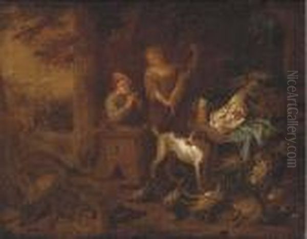 A Hunter And His Dog Home From The Hunt With Their Prize Oil Painting by Adriaen de Gryef