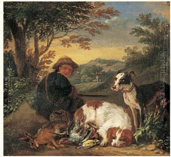 Chasseur Et Ses Chiens A Cote D'un Trophee De Chasse Oil Painting by Adriaen de Gryef