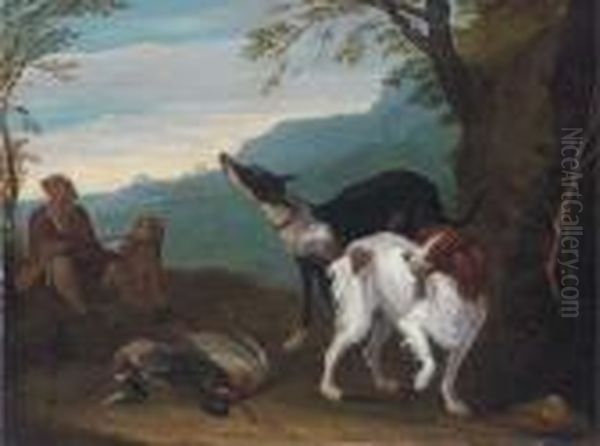 A Wooded Landscape With A 
Huntsman Resting With His Dogs, A Spanieland A Greyhound In The 
Foreground With Dead Game Oil Painting by Adriaen de Gryef