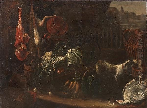 A Kitchen Yard Still Life With A Hound Oil Painting by Adriaen de Gryef