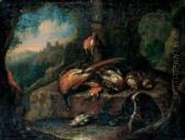 Jagdstilleben Mit Erlegtem Wildgeflugel Vor Landschaftshintergrund. Oil Painting by Adriaen de Gryef