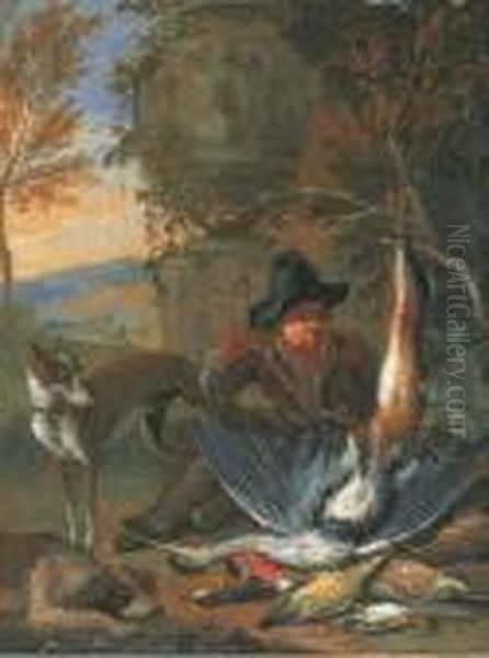 Chasseur Se Reposant Pres De Son Gibier Avec Ses Chiens Oil Painting by Adriaen de Gryef