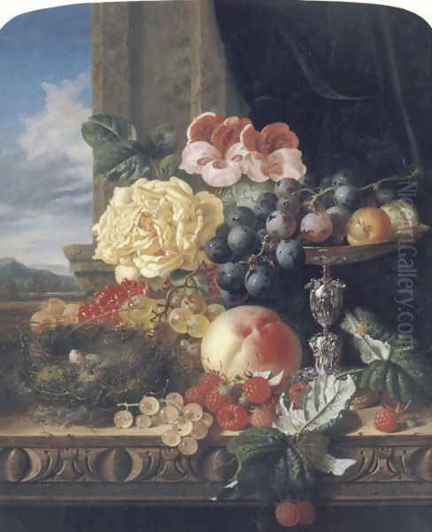 Still Life with Fruit, Flowers and a Bird's Nest Oil Painting by Edward Ladell