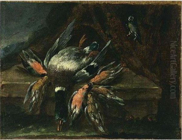 A Still Life Of A Duck And Other Birds, All On A Ledge Oil Painting by Adriaen de Gryef