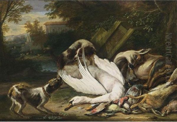 A Hunting Still Life With A Swan, A Deer, A Hare, And Birds, Together With Two Dogs Oil Painting by Adriaen de Gryef