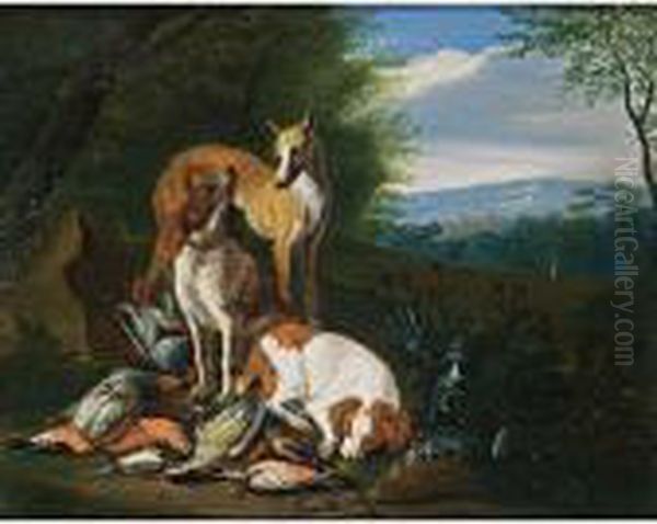 A Hunting Still Life With 
Partridges, A Woodpecker And Other Birds, Together With Dogs, In A 
Wooded Landscape Oil Painting by Adriaen de Gryef