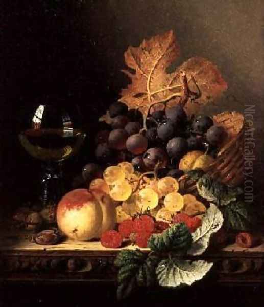 A Basket of Grapes Raspberries a Peach and A Wine Glass on a Table Oil Painting by Edward Ladell