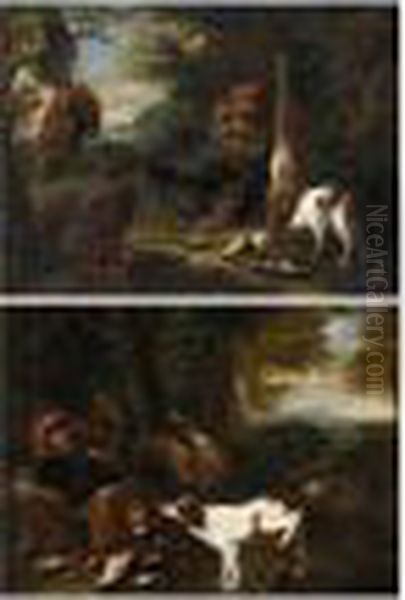 Landscapes With Huntsmen And Spaniels With Their Game Oil Painting by Adriaen de Gryef