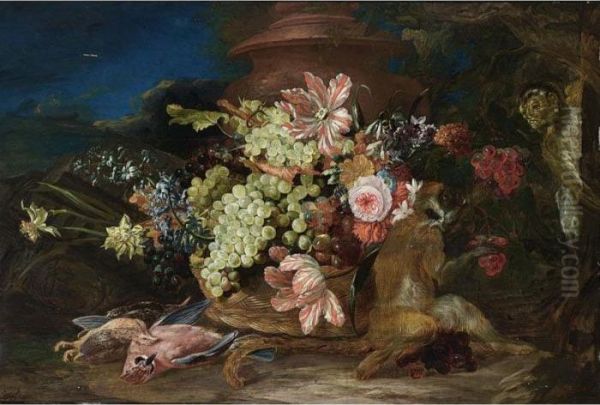 A Still Life With White And Blue
 Grapes, Tulips, Daffodils, Hyacinths, Roses, Morning Glory, And An 
Opium Poppy In A Basket, With An Eurasian Jay, A Quail And A Starling, 
Together With Two Monkeys In A Landscape Setting With A Pot Oil Painting by Adriaen de Gryef