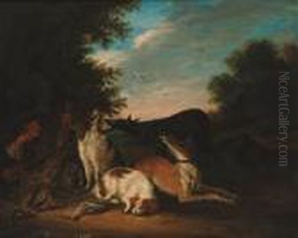 A Huntsman And Hounds With Game Resting In A Landscape Oil Painting by Adriaen de Gryef