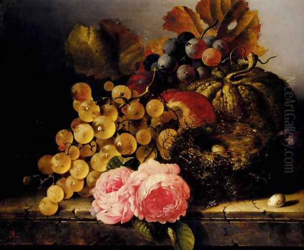 Still Life With A Birds Nest, Roses, A Melon And Grapes Oil Painting by Edward Ladell