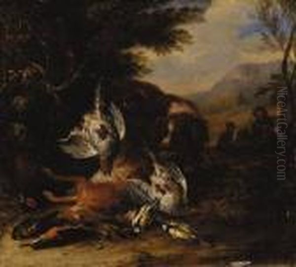 A Dead Hare, A Brace Of 
Partridge, A Kingfisher, A Chaffinch, Athrush And A Cock Pheasant With A
 Spaniel, A Hunter With Anotherdog Beyond, In A Wooded Landscape Oil Painting by Adriaen de Gryef