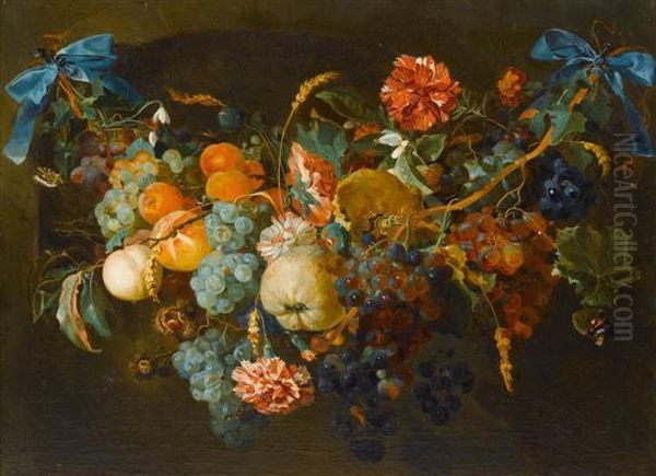 Garlands With Fruits And Flowers Oil Painting by Jan Davidsz De Heem