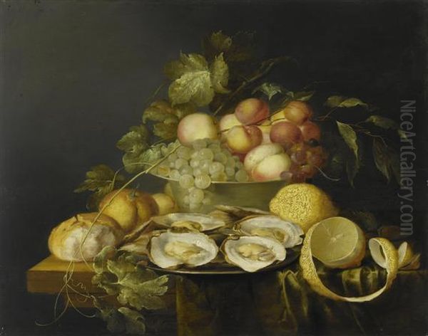 Still Life With Fruit Bowl, 
Bread, 
Oysters And Lemon On A Wooden Table. Oil Painting by Jan Davidsz De Heem