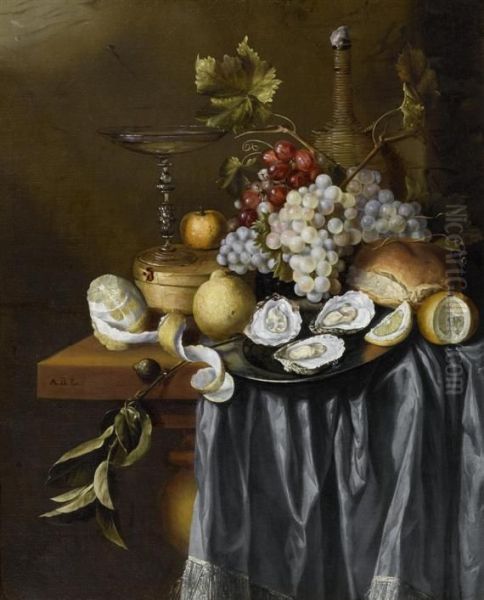 Fruit Still Life With Oysters And Other Objects. Oil Painting by Jan Davidsz De Heem