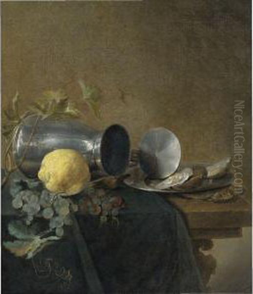 Still Life Of A Pewter Tankard, Lemon, Oysters And Grapes Oil Painting by Jan Davidsz De Heem