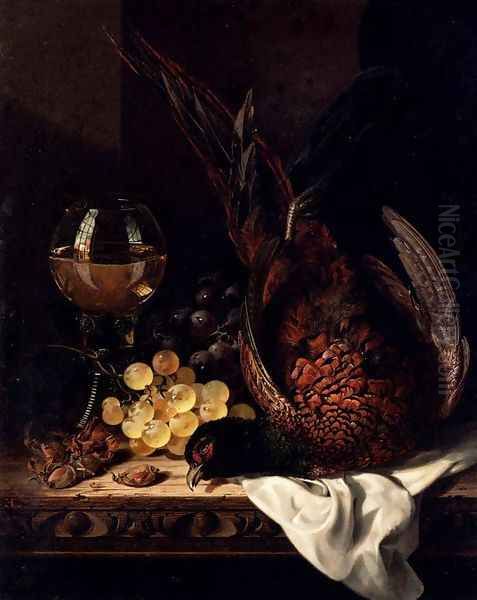 Still Life with a Pheasant, Grapes, Hazelnuts and a Hock Glass on a wooden Ledge Oil Painting by Edward Ladell