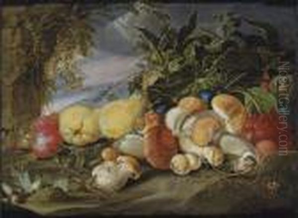 Quince, Plums, Grapes, Mushrooms
 And A Chestnut, With A Garden Tiger Moth And Other Insects, In A Wooded
 Landscape Oil Painting by Jan Davidsz De Heem