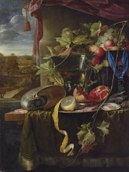 A Conch Shell, A Cut And 
Partly-peeled Lemon On A Silver Platter, A Broken Pomegranate, Shrimps, 
Oysters, A Wine-filled Roemer, Fruit And Other Objects On A 
Partly-draped Wooden Table Before A Draped Window Casement, An Extensive
 Landscape Beyond Oil Painting by Jan Davidsz De Heem