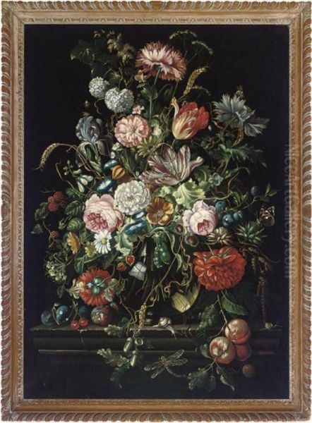 Summer Blooms In A Glass Vase On A Stone Ledge Oil Painting by Jan Davidsz De Heem