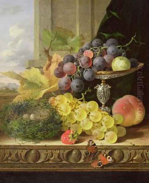 Still life of fruit a tazza and a birds nest Oil Painting by Edward Ladell