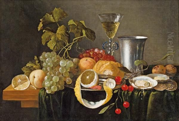 Stillleben Mit Fruchten, Austern, Silberbecher Und Venezianischem Glas Oil Painting by Jan Davidsz De Heem