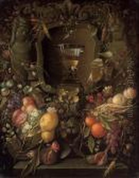 A Roemer In A Sculpted Cartouche With Swags Of Fruit Oil Painting by Jan Davidsz De Heem