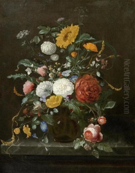 Floral Still Life In A Glass Vase On A Console Oil Painting by Jan Davidsz De Heem