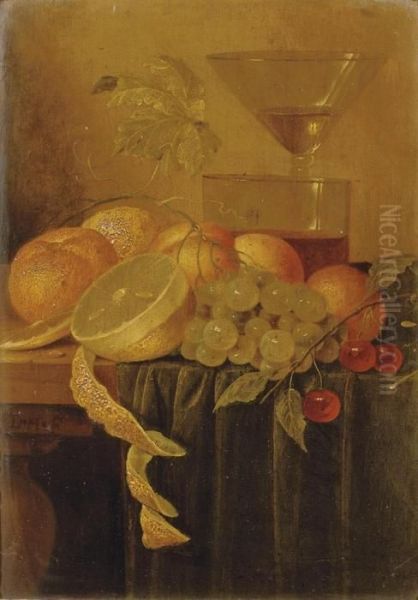 A Peeled Lemon, An Orange, 
Peaches, White Grapes And Cherries Near Glassware On A Partially Draped 
Table Oil Painting by Jan Davidsz De Heem