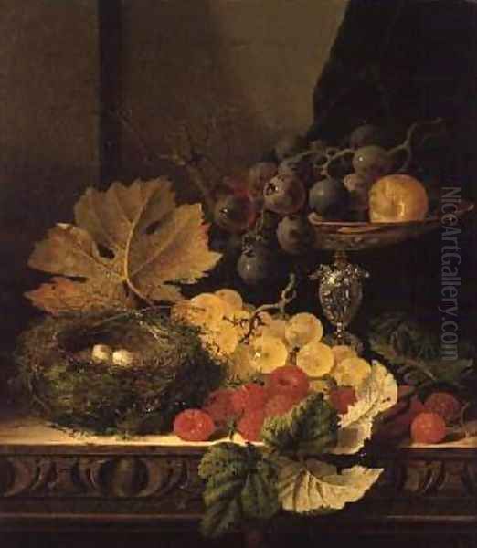 A Still Life of a Birds Nest Grapes in a Silver Dish and other Fruit Oil Painting by Edward Ladell