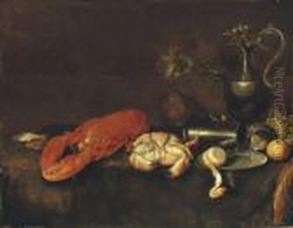 A Lobster, A Crab, An Oyster, A Pewter Pitcher And Various Fruits Oil Painting by Jan Davidsz De Heem