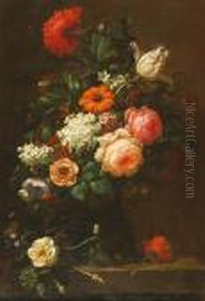 Stilleven Met Veelkleurige Bloemen In Een Glazen Rumfles, Op Een Stenen Plint Oil Painting by Jan Davidsz De Heem