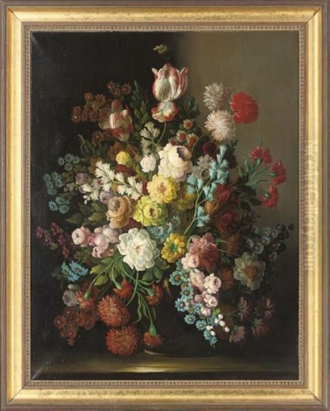 Roses, Tulips, Bluebells, Daisies And Other Summer Blooms In A Vase, On A Stone Ledge Oil Painting by Jan Davidsz De Heem