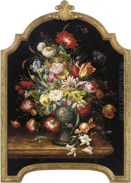 Roses, Parrot Tulips, And 
Carnations In A Vase On A Marble Ledge;and Irises, Morning Glory And 
Butterflies In A Vase, On A Marbleledge Oil Painting by Jan Davidsz De Heem