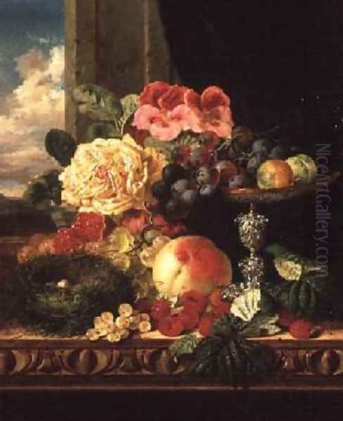 A Still Life of Fruit and Flowers Oil Painting by Edward Ladell