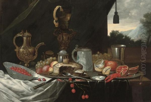 A Pie On A Pewter Platter, A 
Silver Beaker, A Tankard, A Pitcher, Alobster, A Partly Peeled Lemon, 
Peaches, Grapes, Cherries, Apomegranite, And A Porcelain Bowl Of 
Strawberries On A Partlydraped Table, A Landscape Beyond Oil Painting by Jan Davidsz De Heem