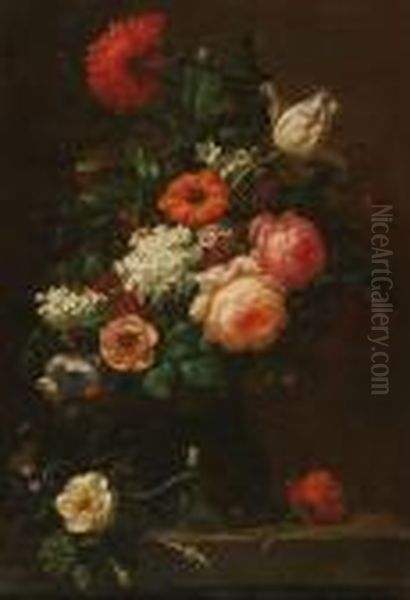 Still Life Withmulticoloured Flowers In A Rum Bottle On A Stone Plinth Oil Painting by Jan Davidsz De Heem