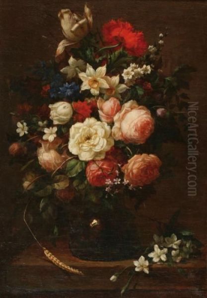 Still Life Withmulticoloured Flowers In A Rum Bottle On A Stone Plinth Oil Painting by Jan Davidsz De Heem