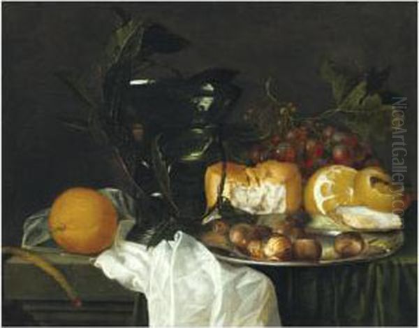 Still Life With A Roemer, A 
Peeled Lemon, Bread, An Oyster Andchestnuts On A Pewter Dish, Grapes, A 
Taper And An Orange On Aledge Partly Draped With A White Cloth Oil Painting by Jan Davidsz De Heem