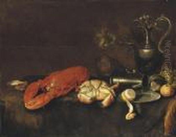 A Lobster, A Crab, An Oyster, A 
Pewter Pitcher, A Partially Peeledlemon, An Apple And Grapes On A Draped
 Table Oil Painting by Jan Davidsz De Heem