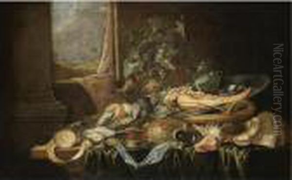 A Still Life With A Knife, A 
Partly-peeled Lemon, A Compass, An Oyster, A Sword, Shells, Wine Leaves 
Around A Roemer Of Wine And The Jawbone Of An Ass On A Pewter Plate, All
 On A Partly-draped Table, A Landscape Beyond Oil Painting by Jan Davidsz De Heem