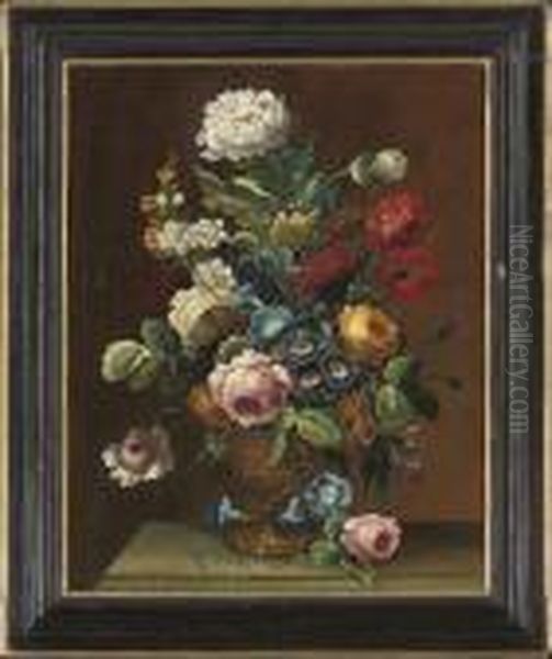 Morning Glory, Roses, Asters, And Carnations On A Stone Ledge Oil Painting by Jan Davidsz De Heem