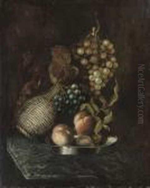 Peaches On A Pewter Plate, With A Wicker Ewer And Grapes To The Side Oil Painting by Jan Davidsz De Heem