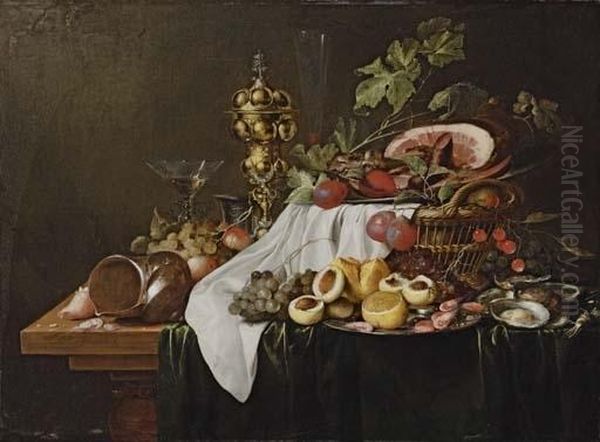 Shells, Shrimps, Peaches, A 
Facon-de-venise Wine Glass, A Pewter Tankard, A Silver-gilt Cup And 
Cover, Shrimps, Nectarines And A Lemon On A Pewter Plate, With Grapes, 
Oysters, A Bread Roll And A Basket Of Fruit Surmounted By A Pewter Plate
 With A  Oil Painting by Jan Davidsz De Heem