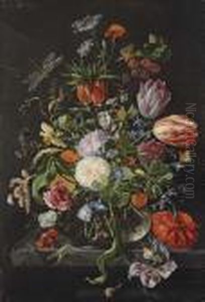 Tulips, Roses, Carnations, 
Morning Glory, An African Marigold, A Hyacinth, Narcissus, A Crown 
Imperial And Other Flowers With A Branch Of Willow Catkins, Wheatsheafs,
 Cow Parsley, Holly And A Sprig Of Blackberries In A Glass Vase On A 
Stone Ledge  Oil Painting by Jan Davidsz De Heem