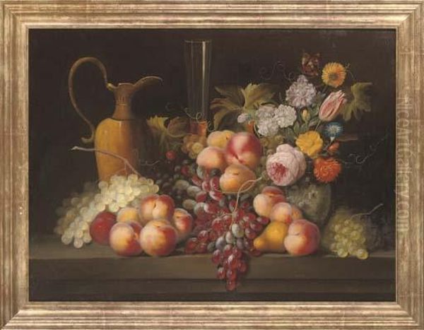 Grapes, Peaches And A Jug With A Vase Of Flowers To The Side, On A Stone Ledge Oil Painting by Jan Davidsz De Heem